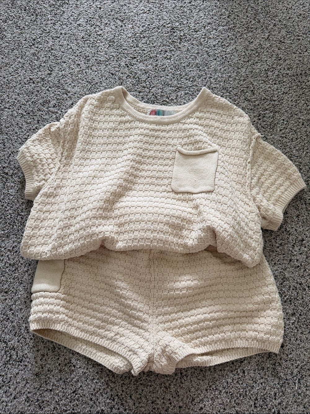 Free People Cream Textured Knit Short Set